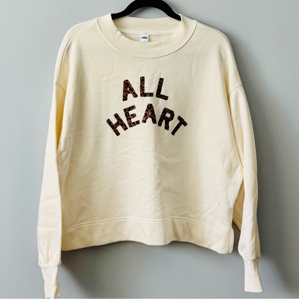 Cream Crew Neck Cropped Old Navy Sweatshirt with Leopard Print 'All Heart'